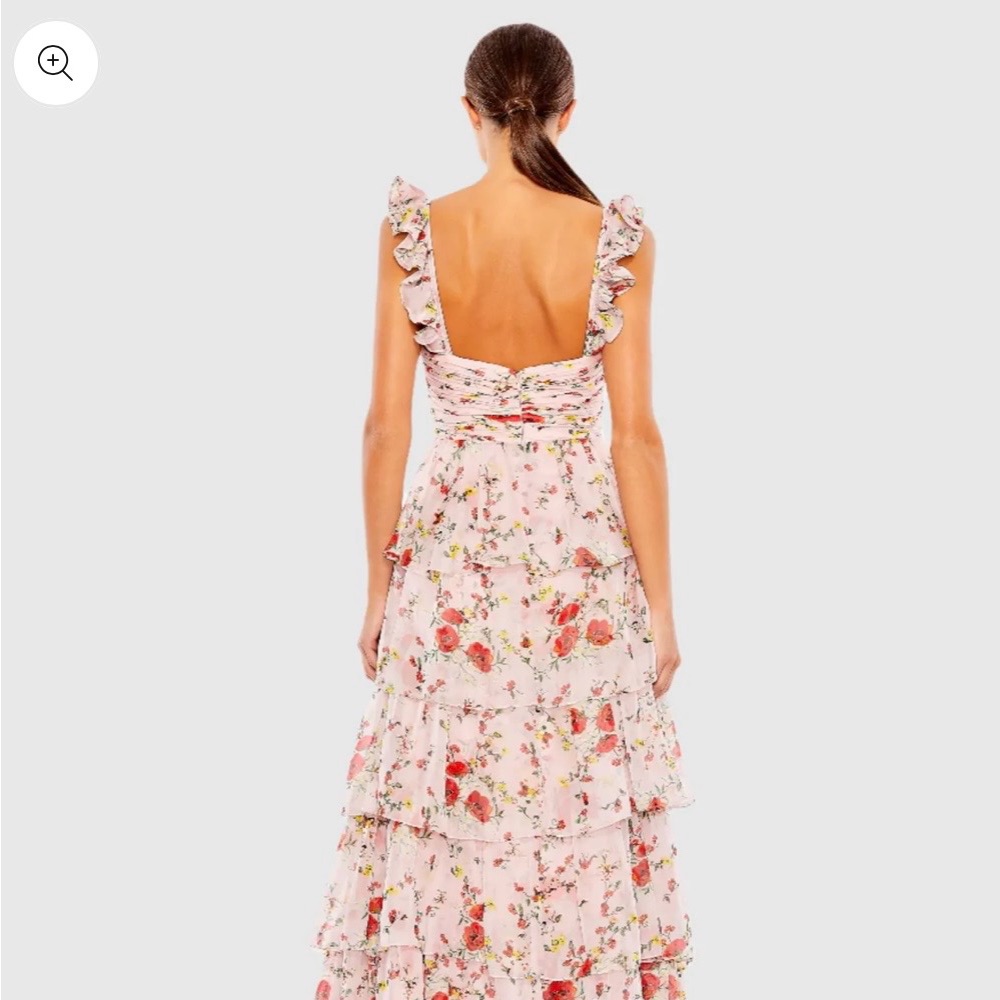Mac Duggal Pink Floral Backless Ruffle Tiered Maxi Dress